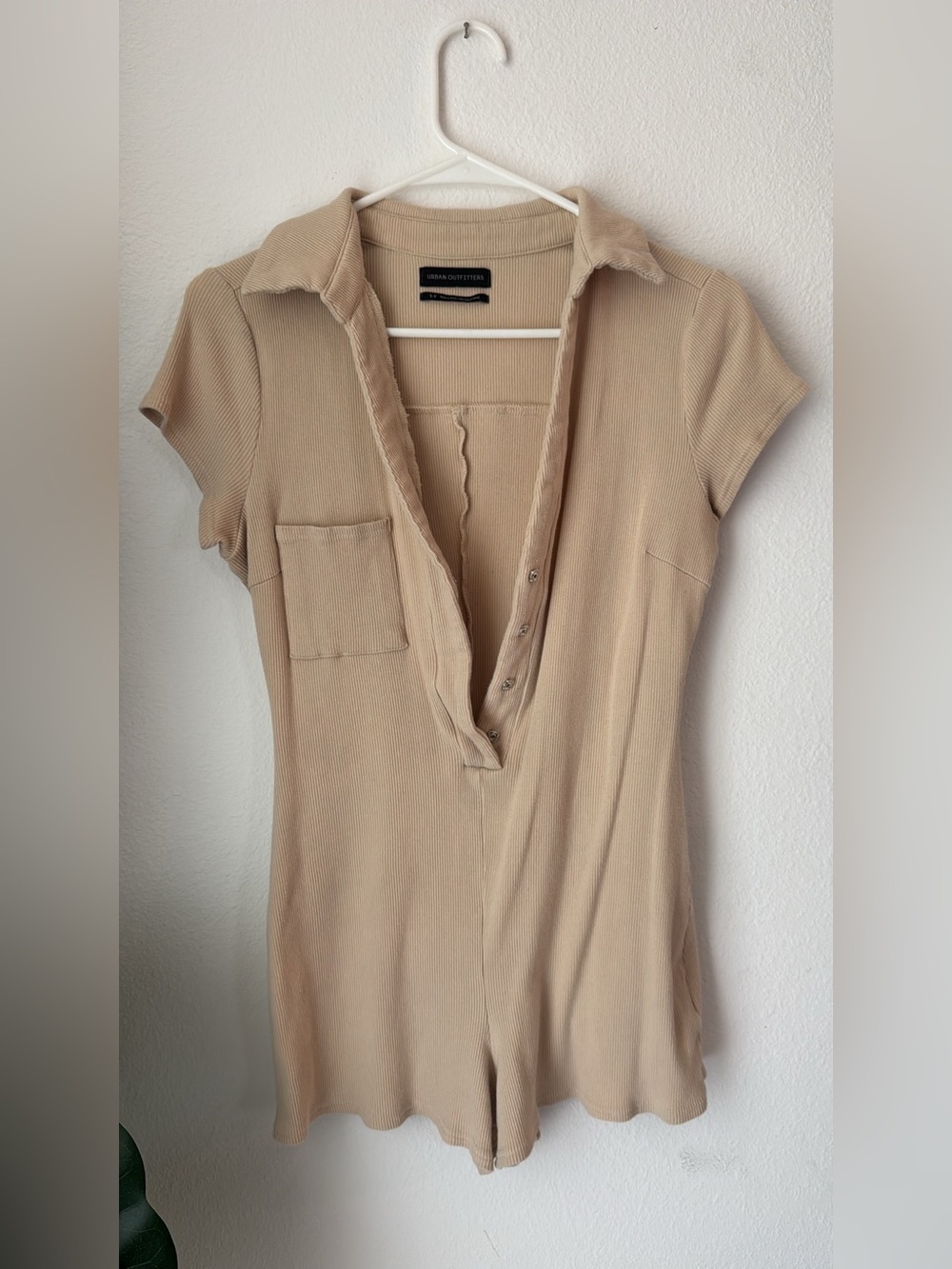 Urban Outfitters Beige Ribbed Short-Sleeve Polo Romper Top